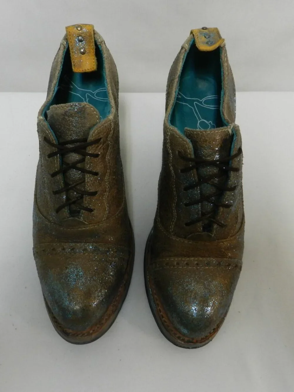 PS Kaufman Crosswalk Leather brown turquoise oxford pumps lace up Size Sz 7.5
